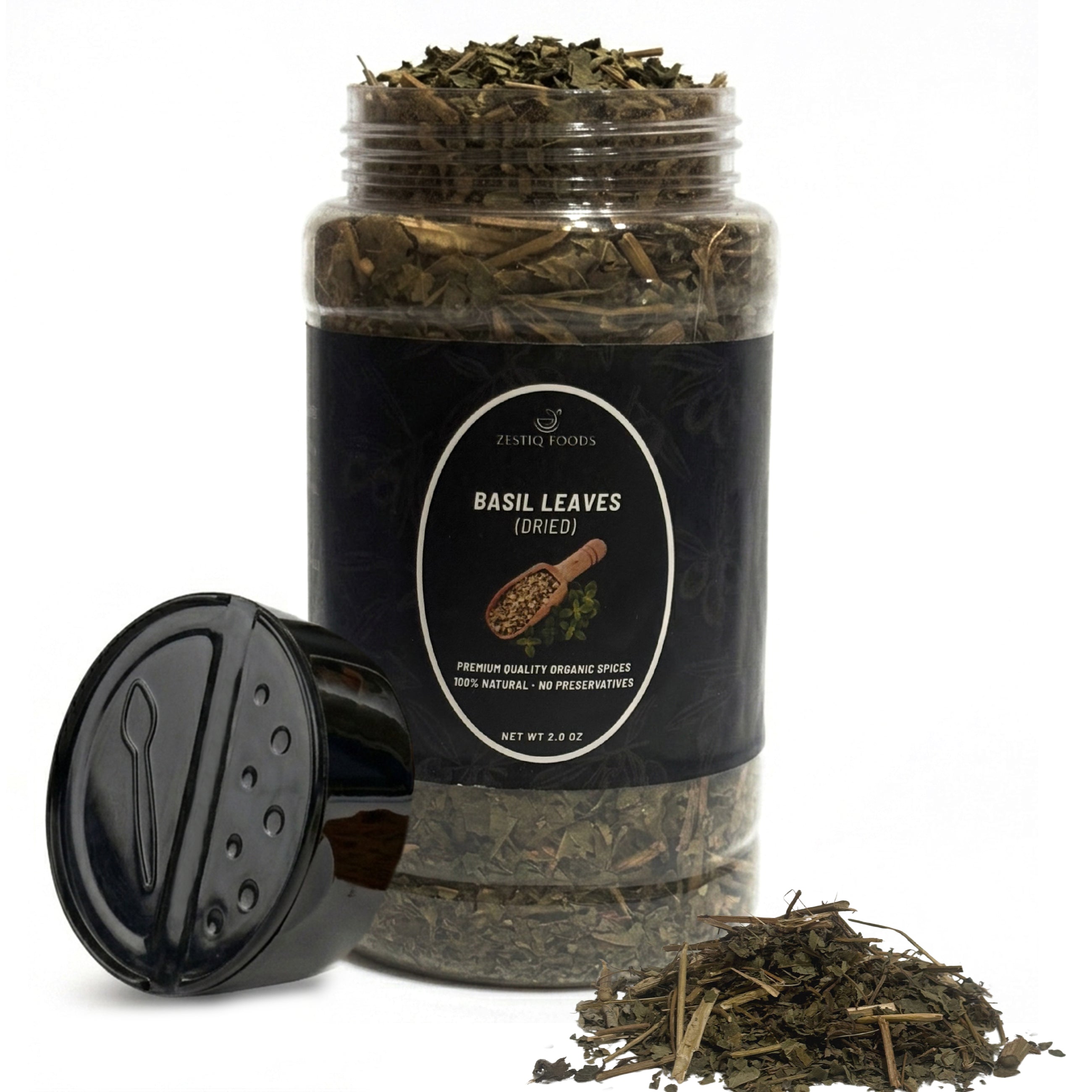 Zestiq Foods Organic Dried Basil Leaves 2 oz jar with loose basil leaves on white background