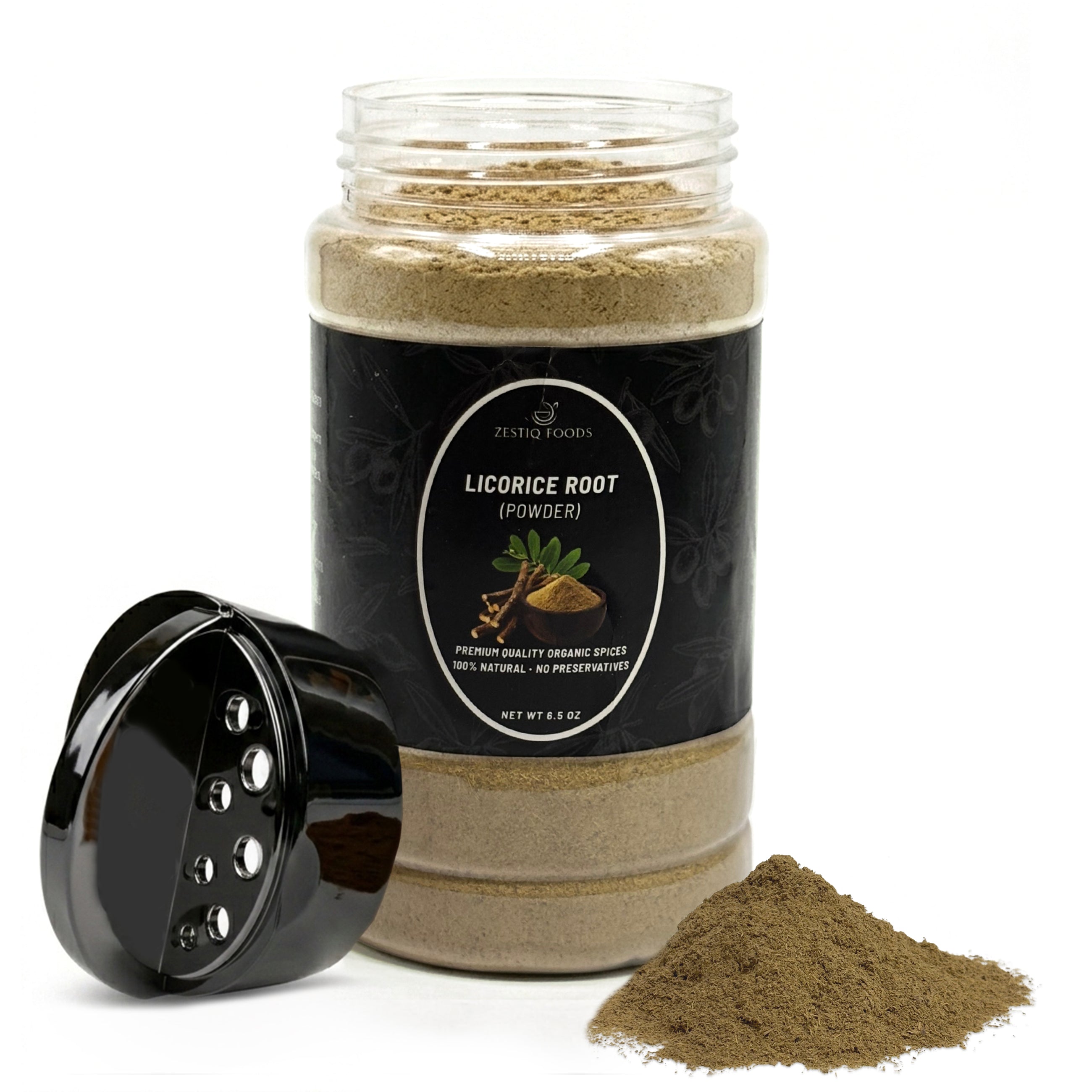 Zestiq Foods Organic Licorice Root Powder 7 oz shaker jar with finely ground licorice root powder on white background