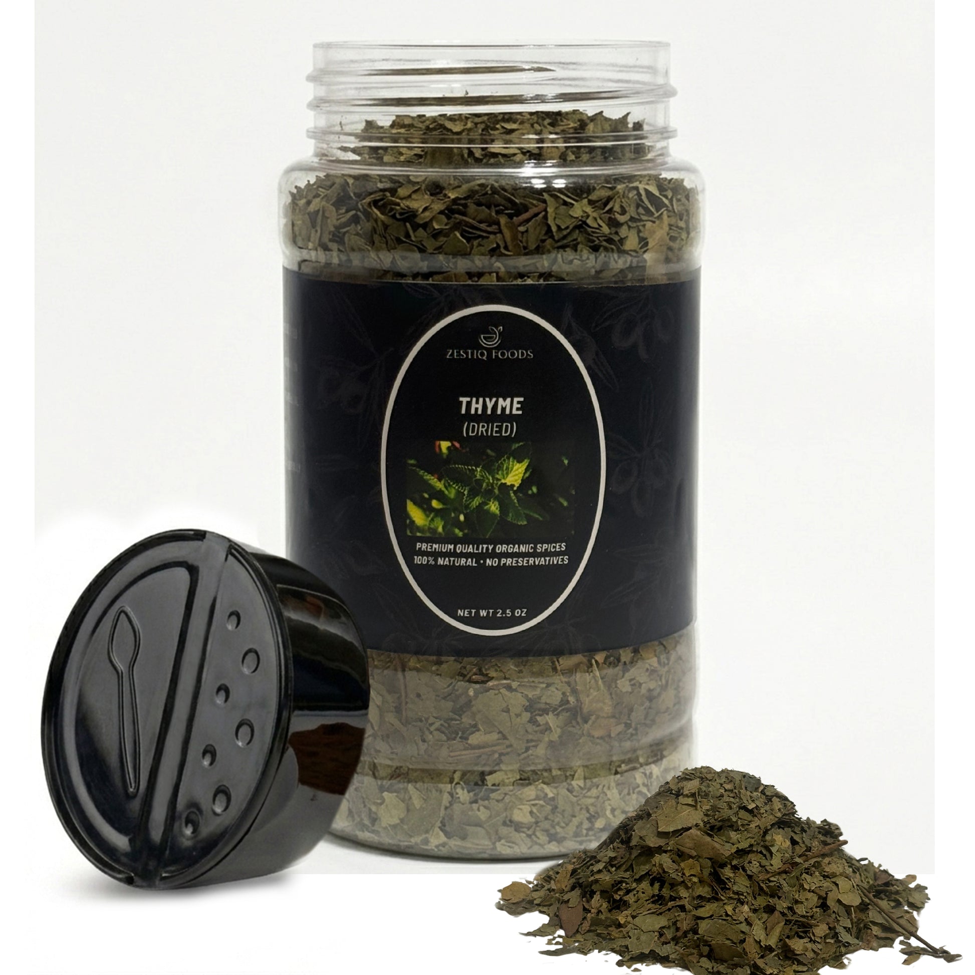 Zestiq Foods Organic Thyme Dried Leaves 2.5 oz jar with loose thyme leaves on white background