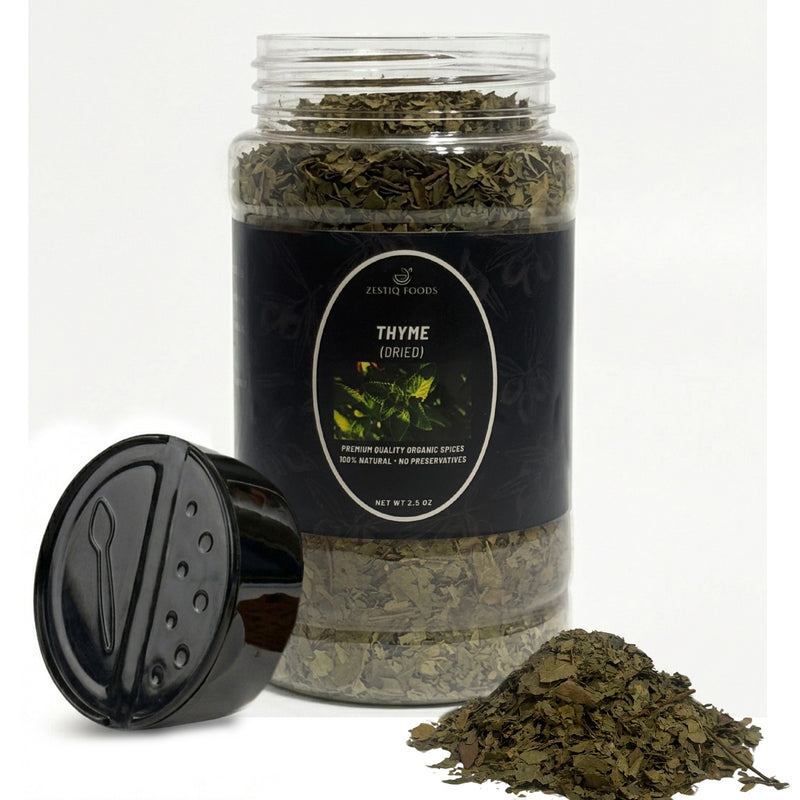 Zestiq Foods Organic Thyme Dried Leaves 2.5 oz jar with loose thyme leaves on white background