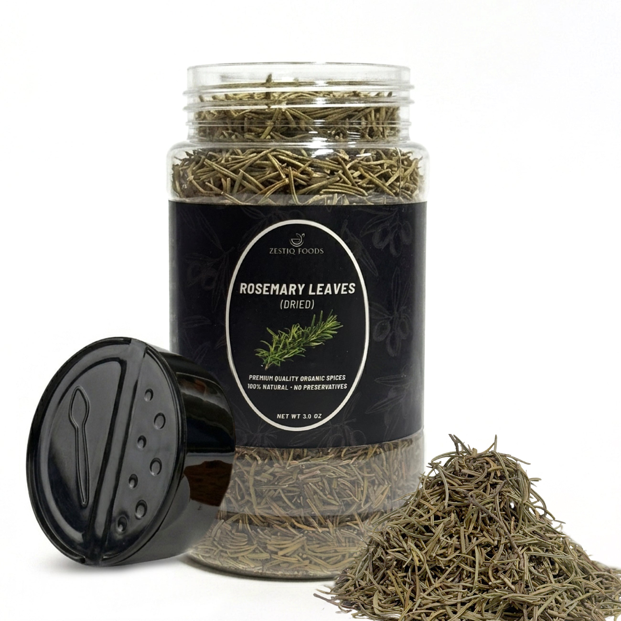 Zestiq Foods Organic Rosemary Dried Leaves 3 oz shaker jar with dried rosemary leaves on white background