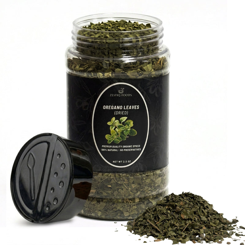 Zestiq Foods Organic Dried Oregano Leaves 2.5 oz jar with loose oregano leaves on white background