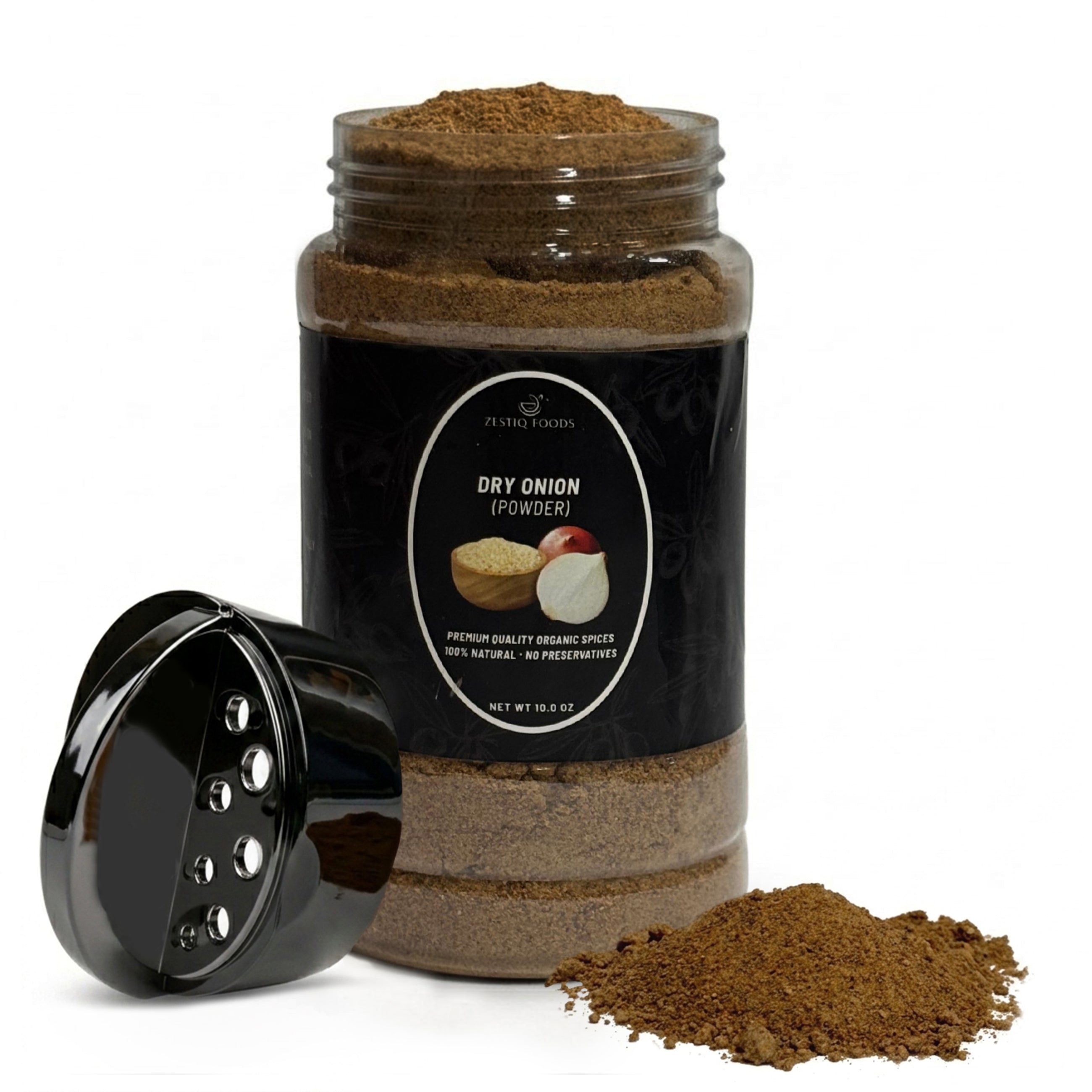Zestiq Foods Organic Dried Onion Powder 10 oz shaker jar with onion powder on white background