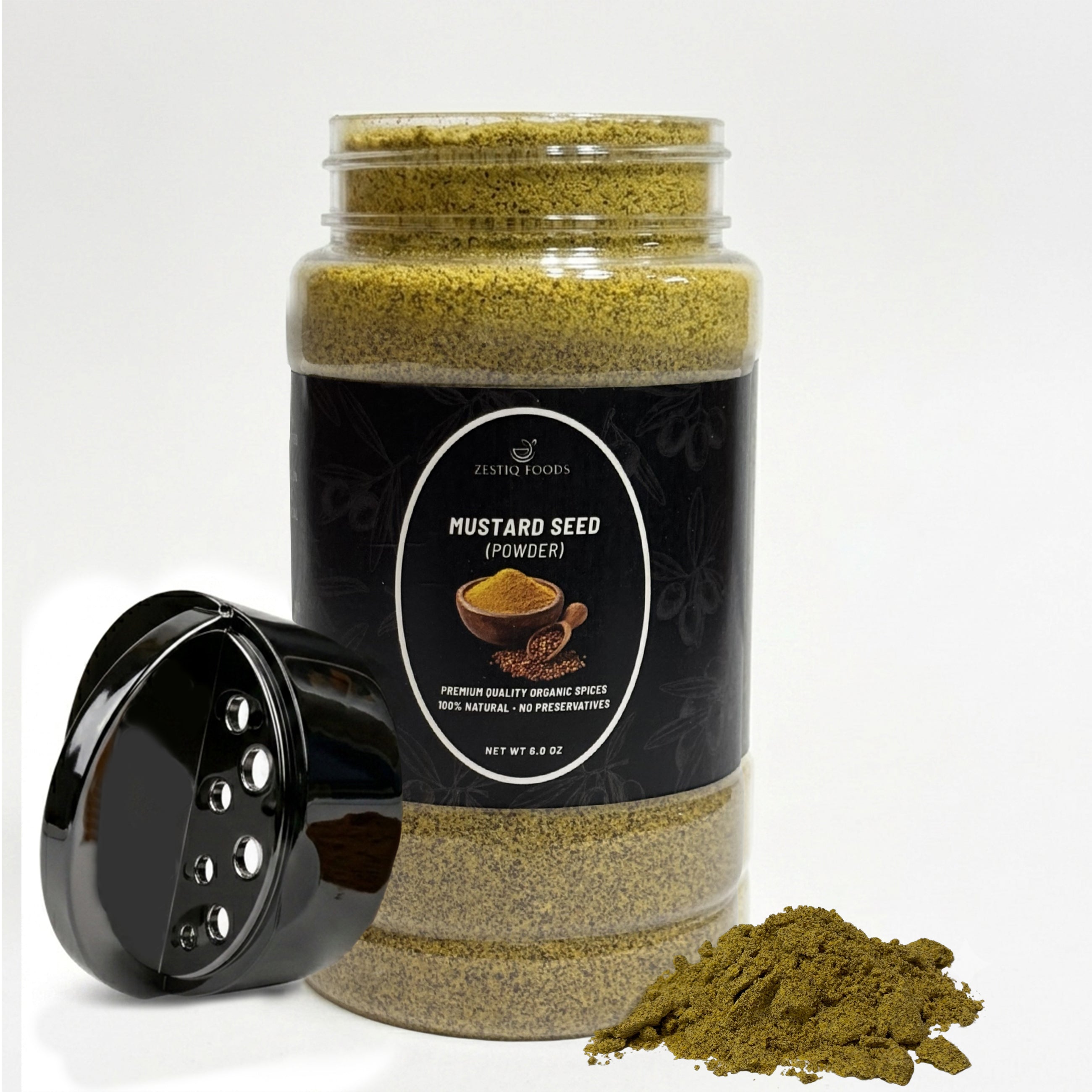 Zestiq Foods Organic Mustard Powder 10 oz jar with mustard powder on white background