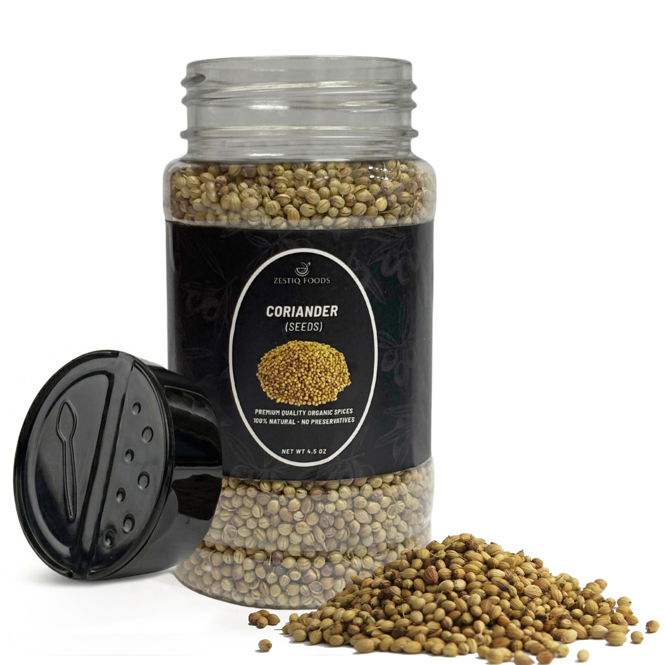 Zestiq Foods Organic Whole Coriander Seeds 4.5 oz jar with whole coriander seeds on white background