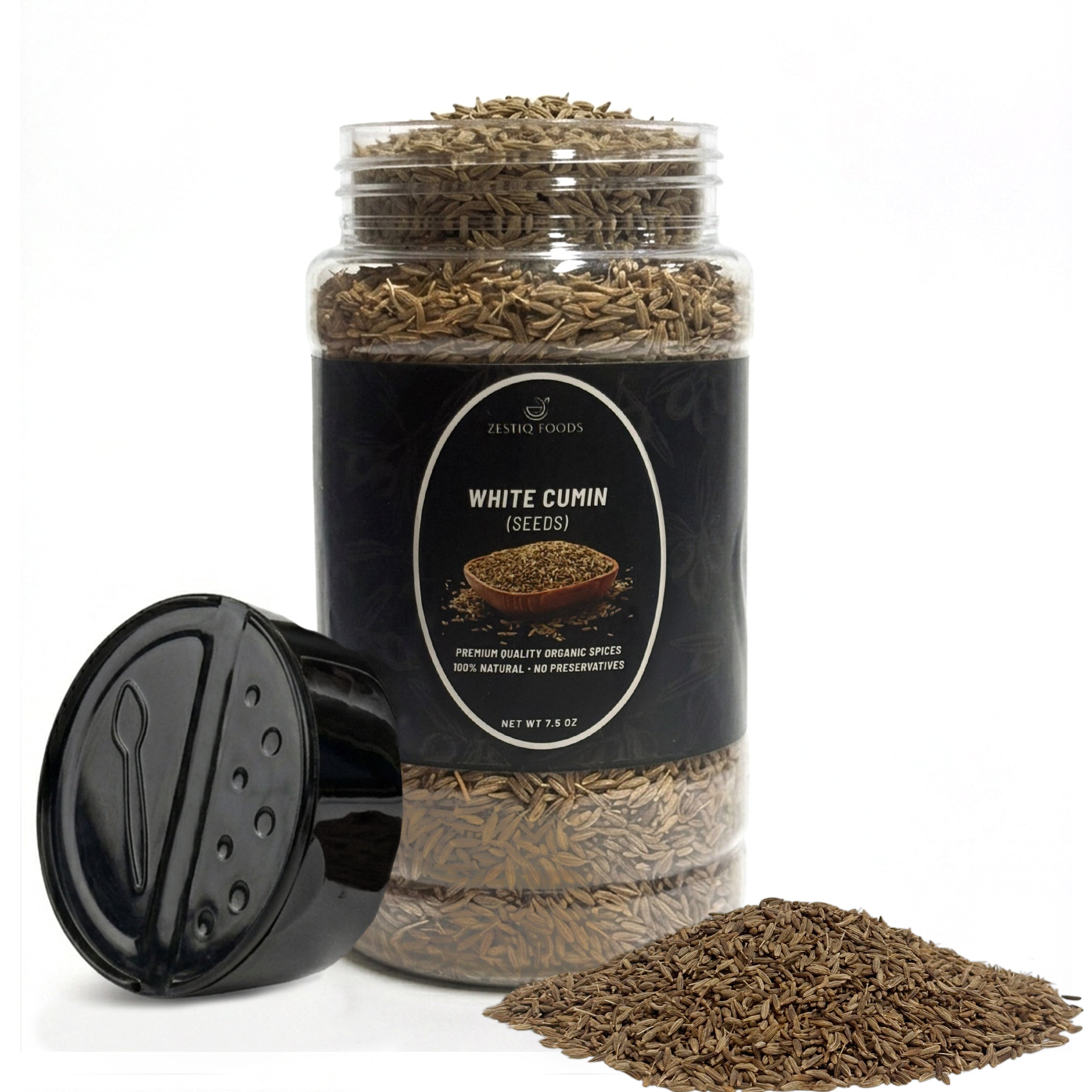 Zestiq Foods Organic White Cumin Seeds 7.5 oz jar with whole cumin seeds on white background