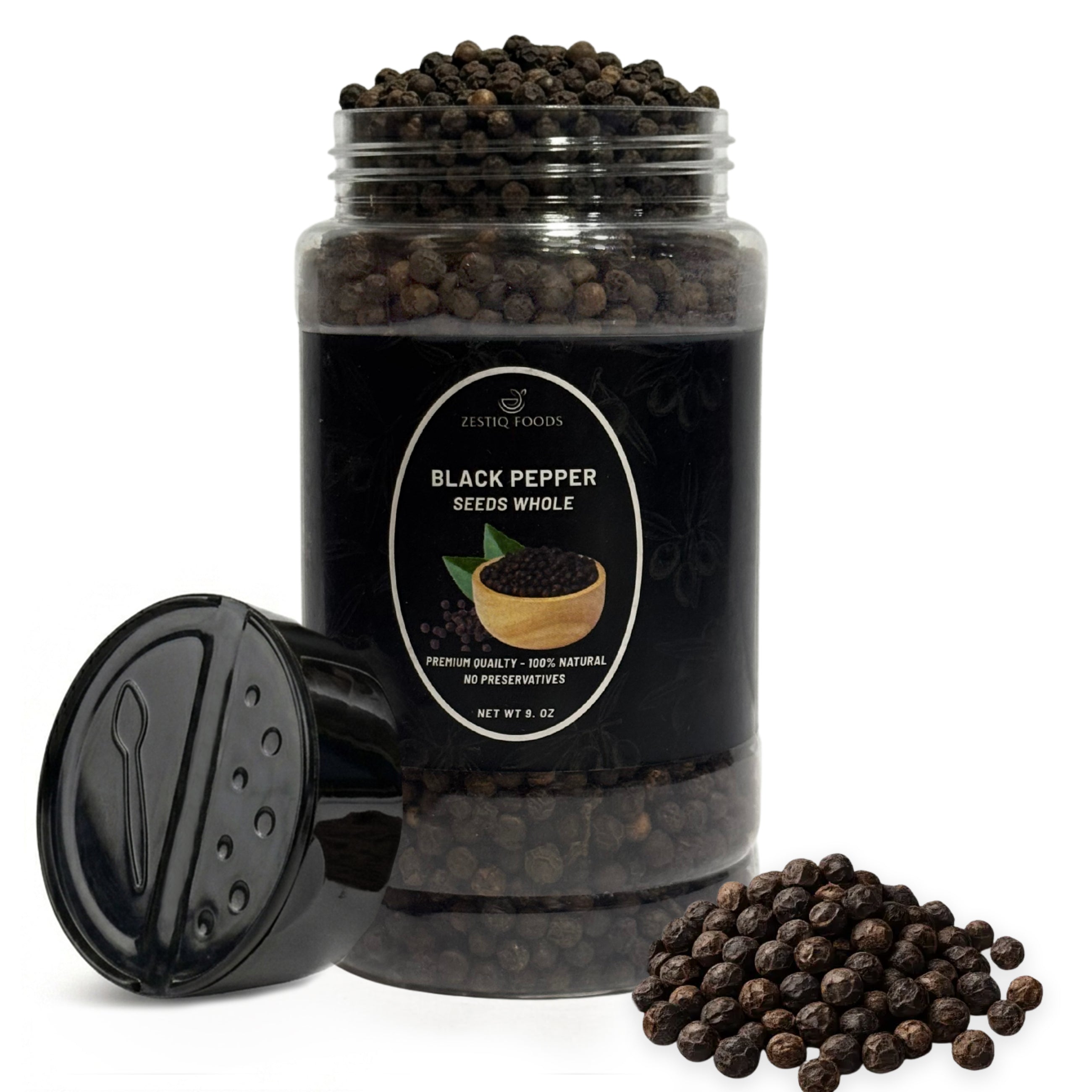 Zestiq Foods Organic Black Peppercorn Whole Seeds 9 oz jar with whole black peppercorns and jar lid on white background