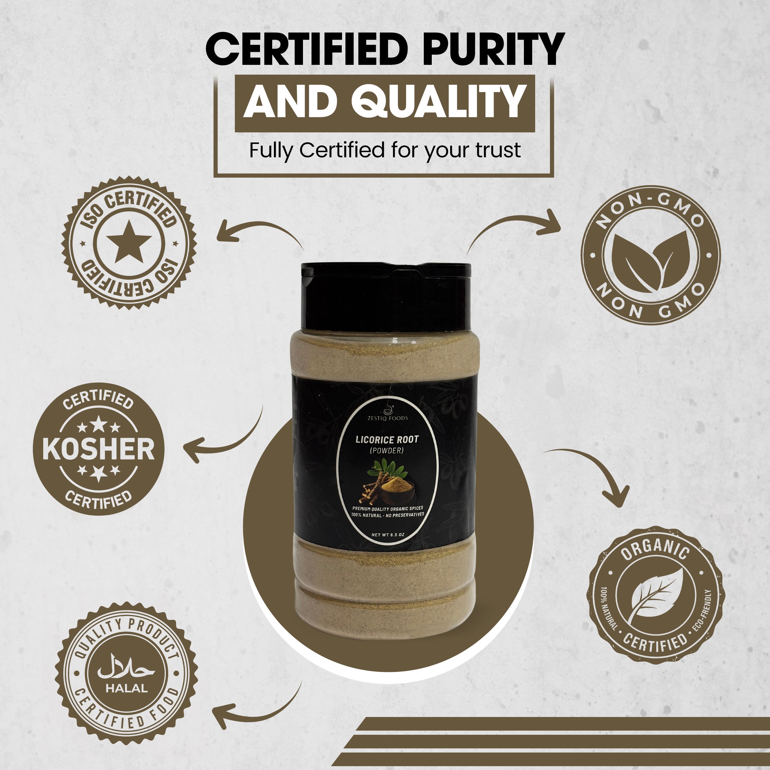 Zestiq Foods Organic Licorice Root Powder 7 oz shaker jar with organic, non-GMO, kosher, halal and quality certification icons