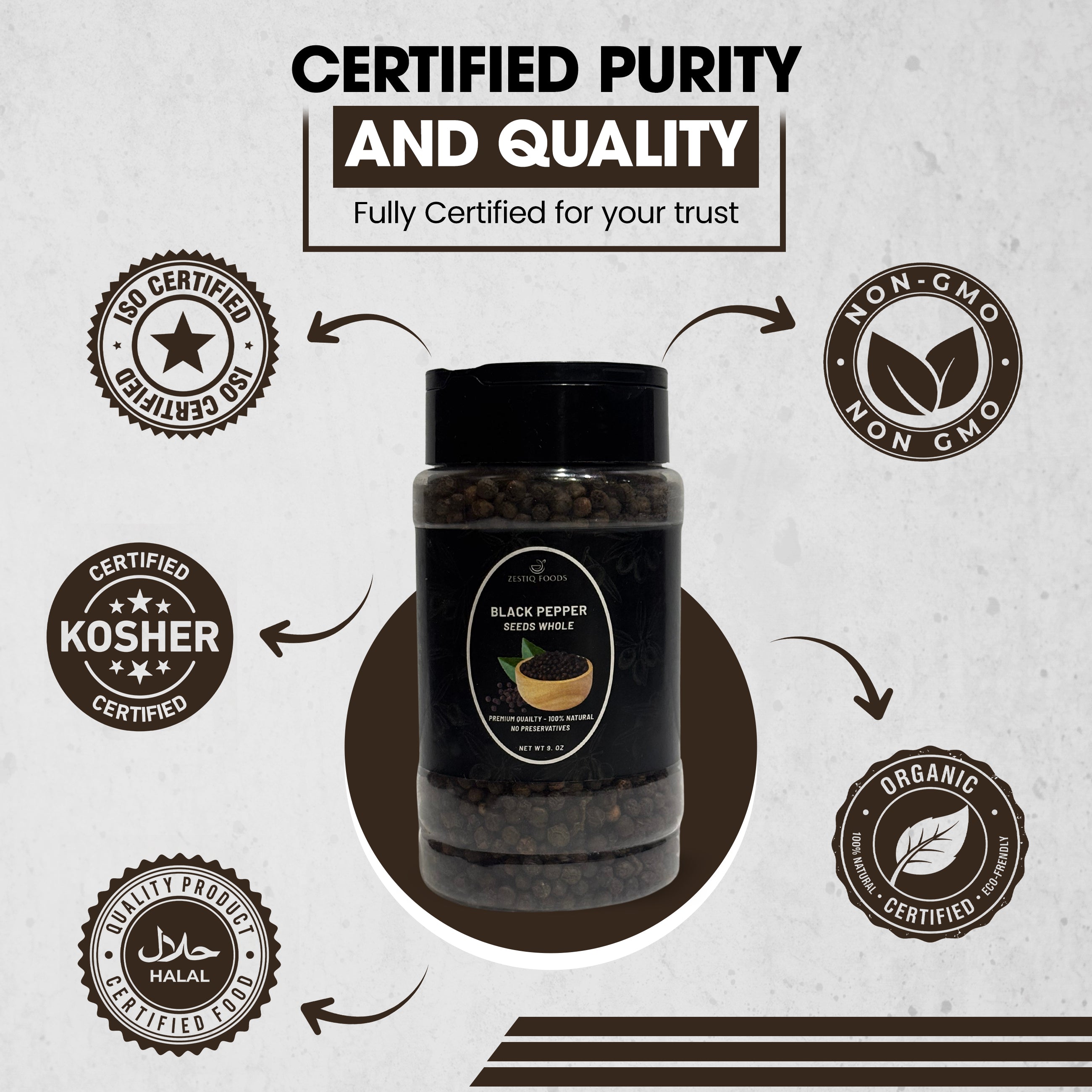 Zestiq Foods Organic Black Peppercorn Whole Seeds 9 oz jar with organic, non-GMO, kosher, halal and ISO certification highlights
