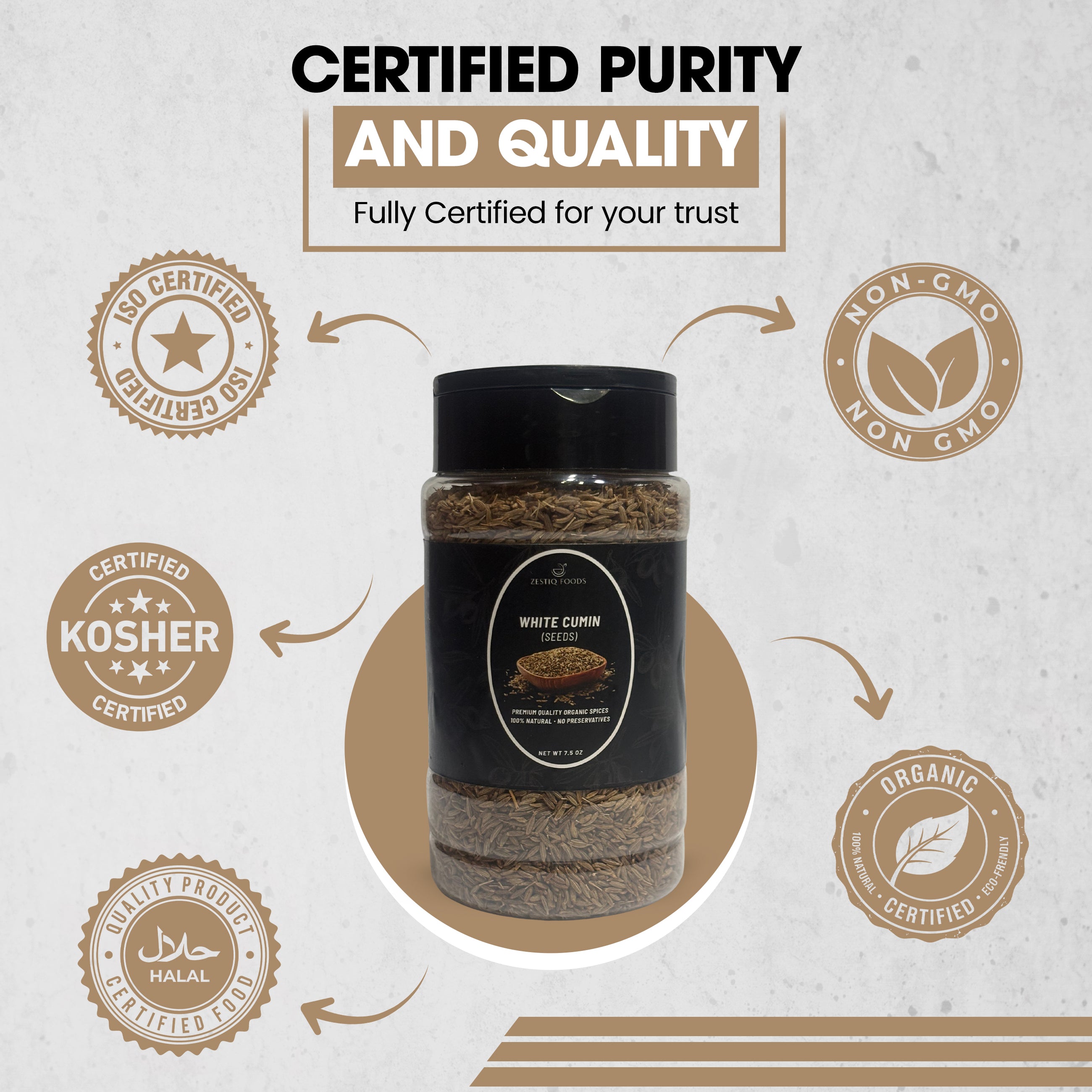 Zestiq Foods Organic White Cumin Seeds 7.5 oz jar with organic, non-GMO, kosher, halal and quality certification icons