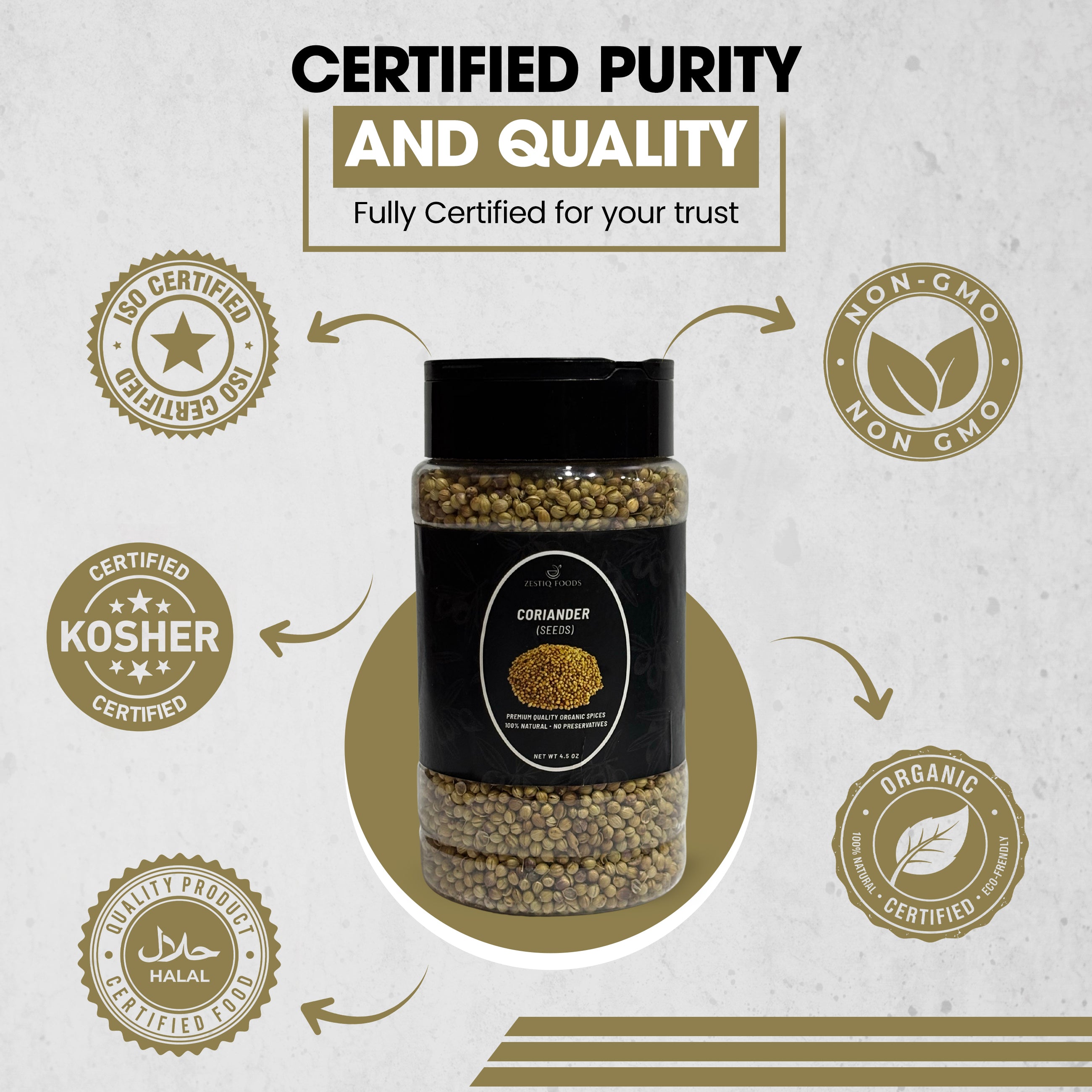 Zestiq Foods Organic Whole Coriander Seeds 4.5 oz jar with organic, non-GMO, kosher, halal and quality certification icons