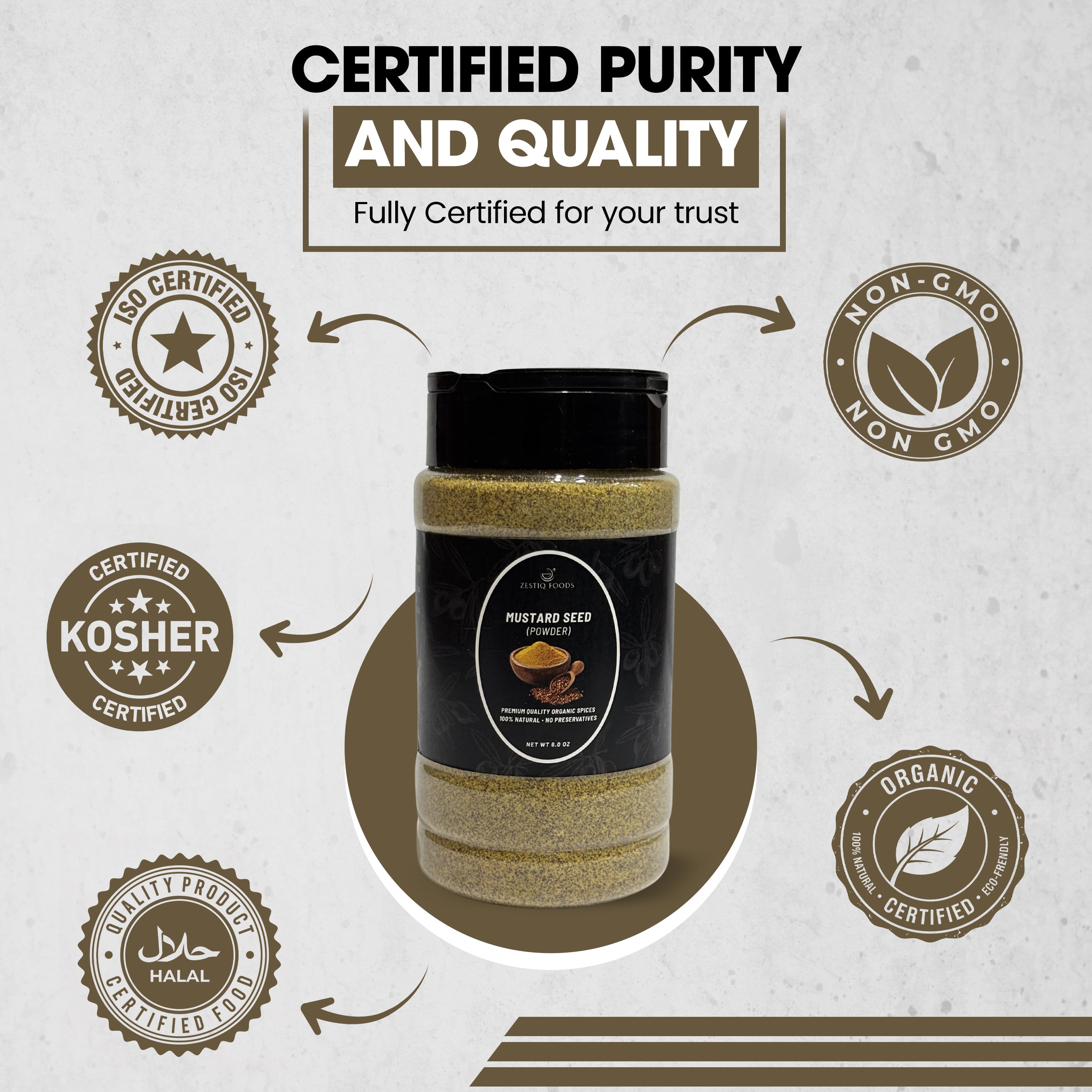 Zestiq Foods Organic Mustard Powder 10 oz jar with organic, non-GMO, kosher, halal and quality certification icons