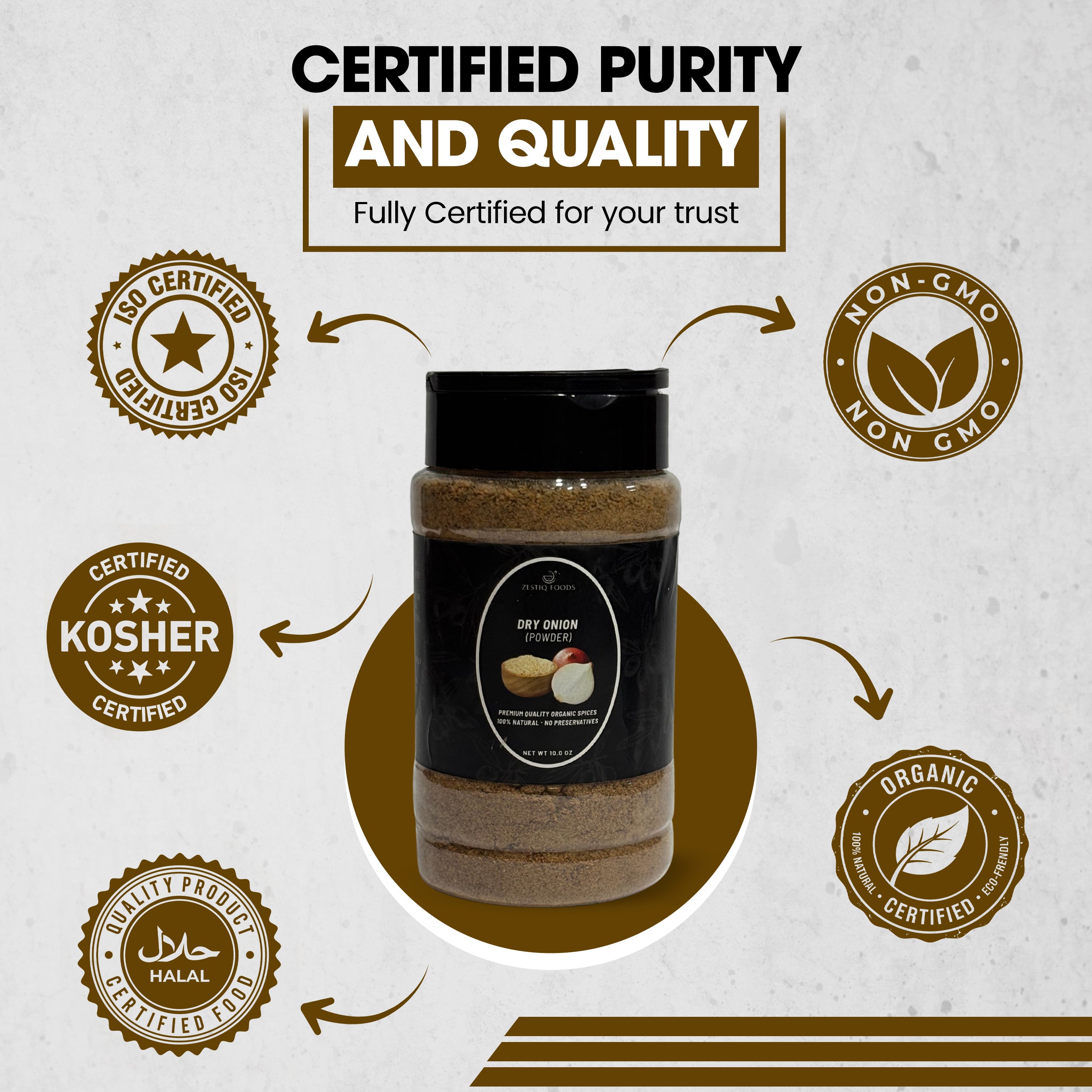 Zestiq Foods Organic Dried Onion Powder 10 oz shaker jar with organic, non-GMO, kosher, halal and quality certification icons
