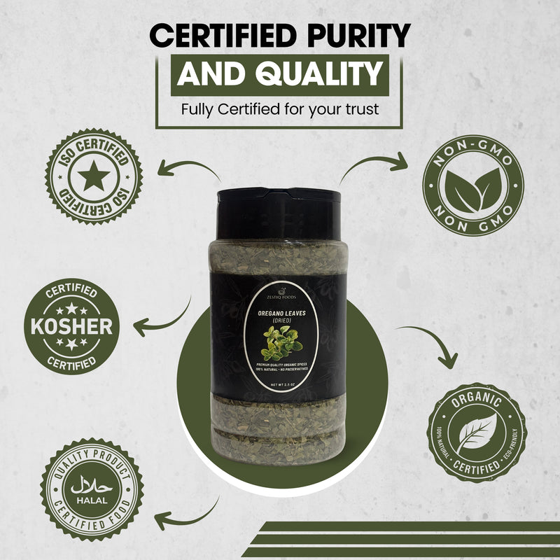 Zestiq Foods Organic Dried Oregano Leaves 2.5 oz jar with organic, non-GMO, kosher, halal and quality certification icons