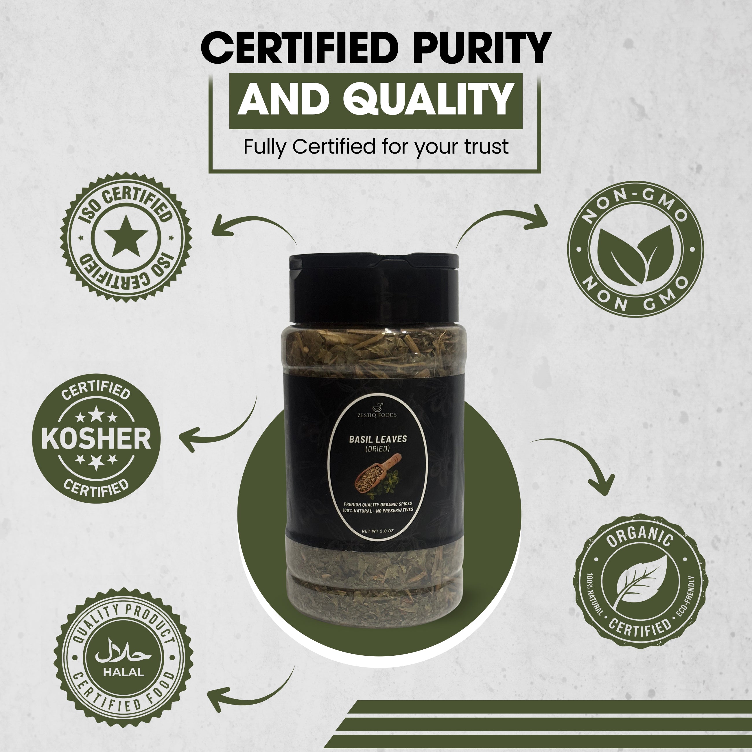 Zestiq Foods Organic Dried Basil Leaves 2 oz jar with organic, non-GMO, kosher, halal and quality certification icons