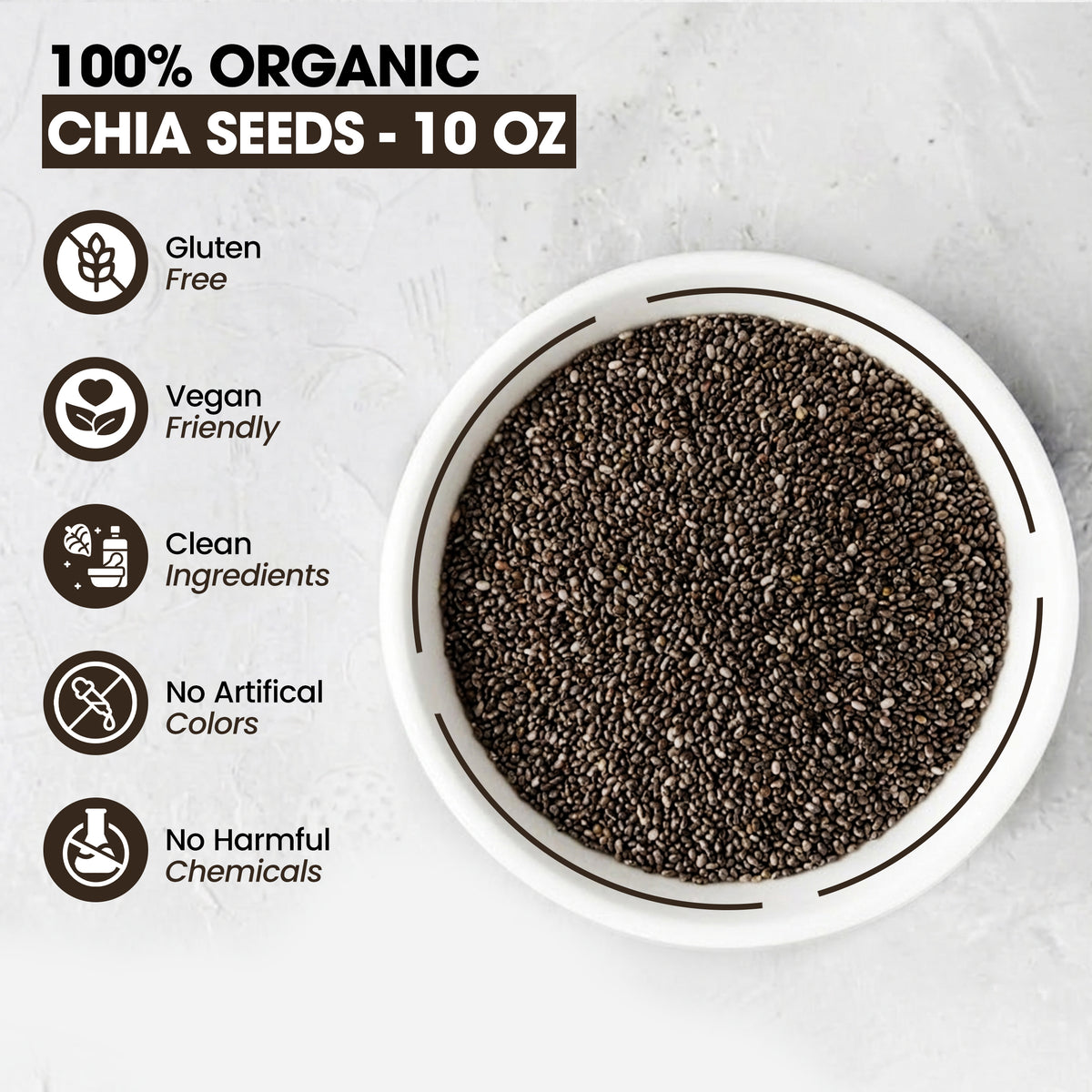 Zestiq Foods 100% Organic Chia Seeds 10 oz with gluten-free, vegan-friendly and clean ingredient highlights