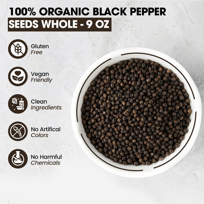 Zestiq Foods 100% Organic Black Peppercorn Whole Seeds 9 oz with gluten-free, vegan-friendly, clean ingredients and no artificial colors