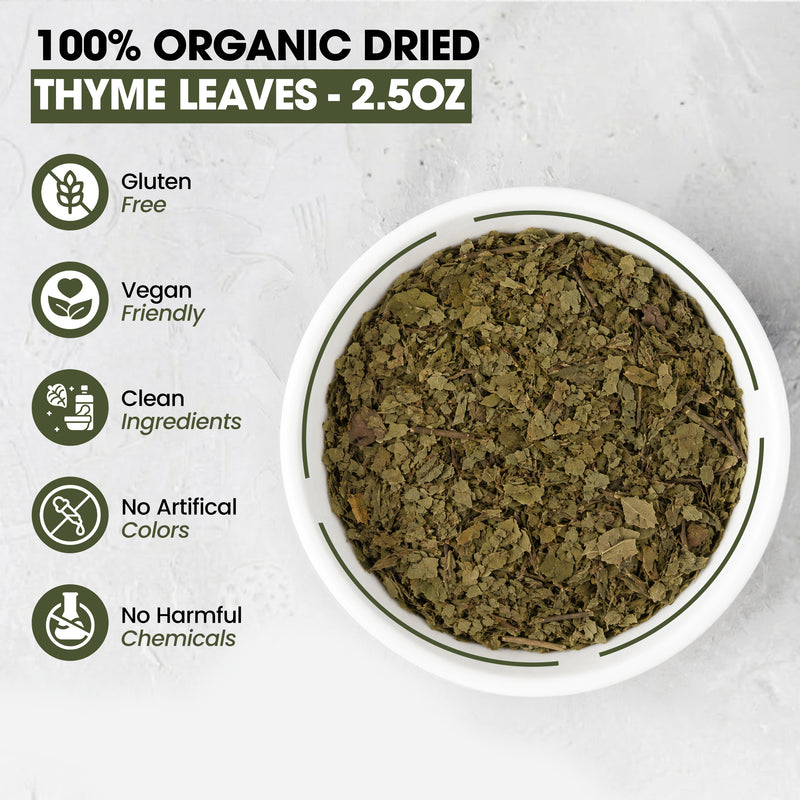 Zestiq Foods 100% Organic Thyme Dried Leaves 2.5 oz with gluten-free, vegan-friendly and clean ingredient highlights