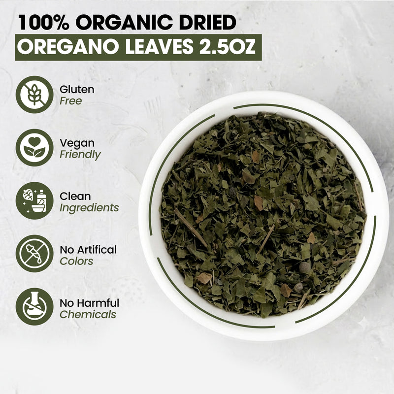 Zestiq Foods 100% Organic Dried Oregano Leaves 2.5 oz with gluten-free, vegan-friendly and clean ingredient highlights