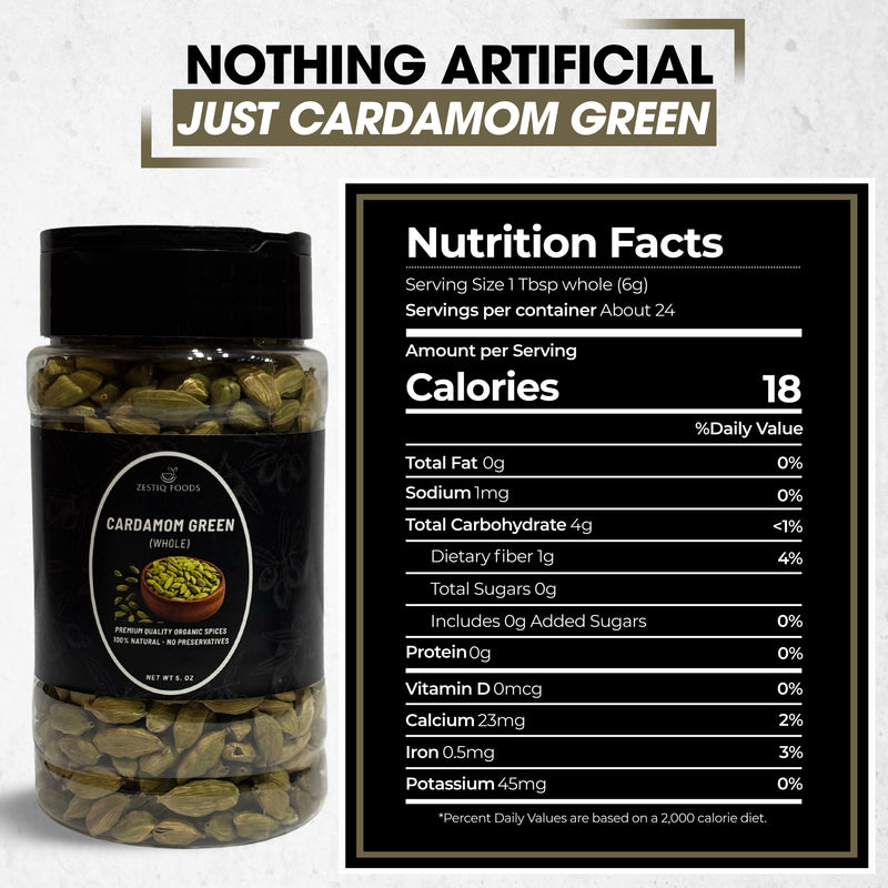 Zestiq Foods Organic Green Cardamom Pods 5 oz jar with Nutrition Facts and product information
Image #7 – Cook With Confidence