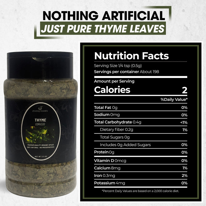 Zestiq Foods Organic Thyme Dried Leaves 2.5 oz jar with Nutrition Facts and product information