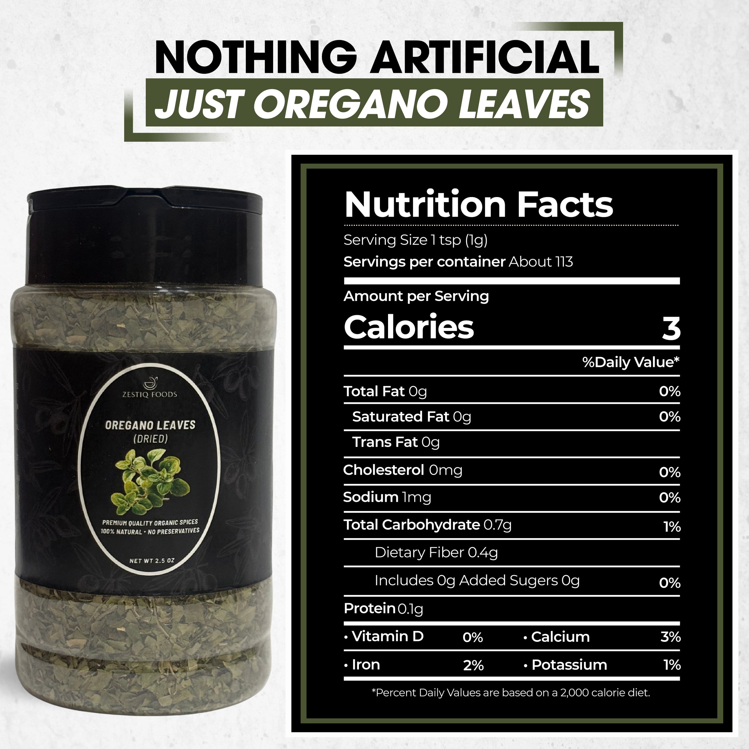 Zestiq Foods Organic Dried Oregano Leaves 2.5 oz jar with Nutrition Facts and product information