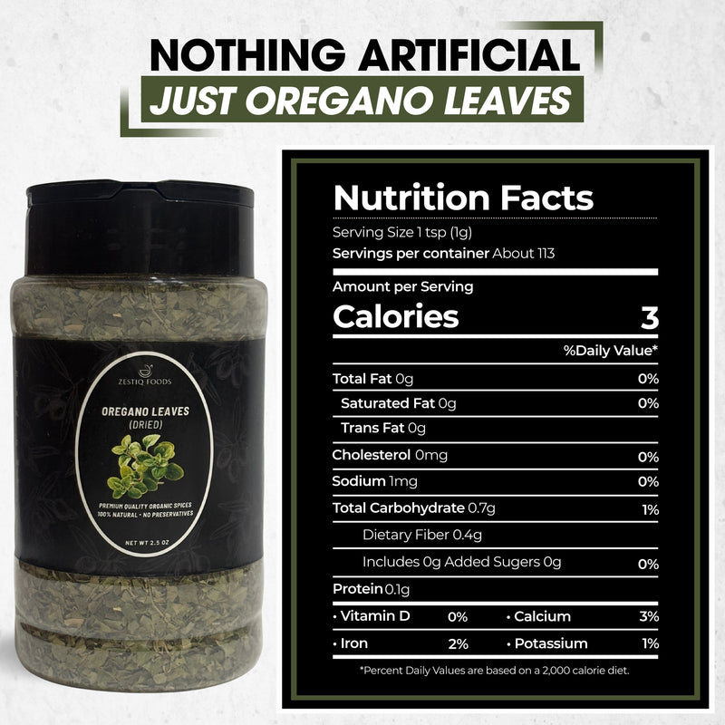 Zestiq Foods Organic Dried Oregano Leaves 2.5 oz jar with Nutrition Facts and product information