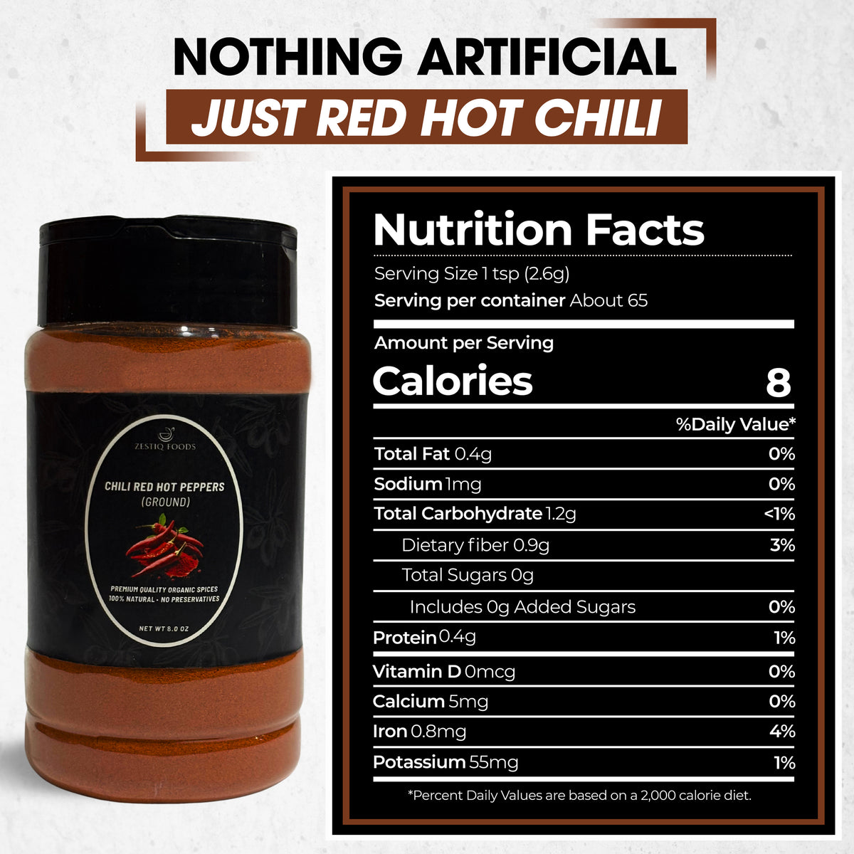 Zestiq Foods Organic Red Hot Chili Peppers Powder 8 oz shaker jar with Nutrition Facts and product information