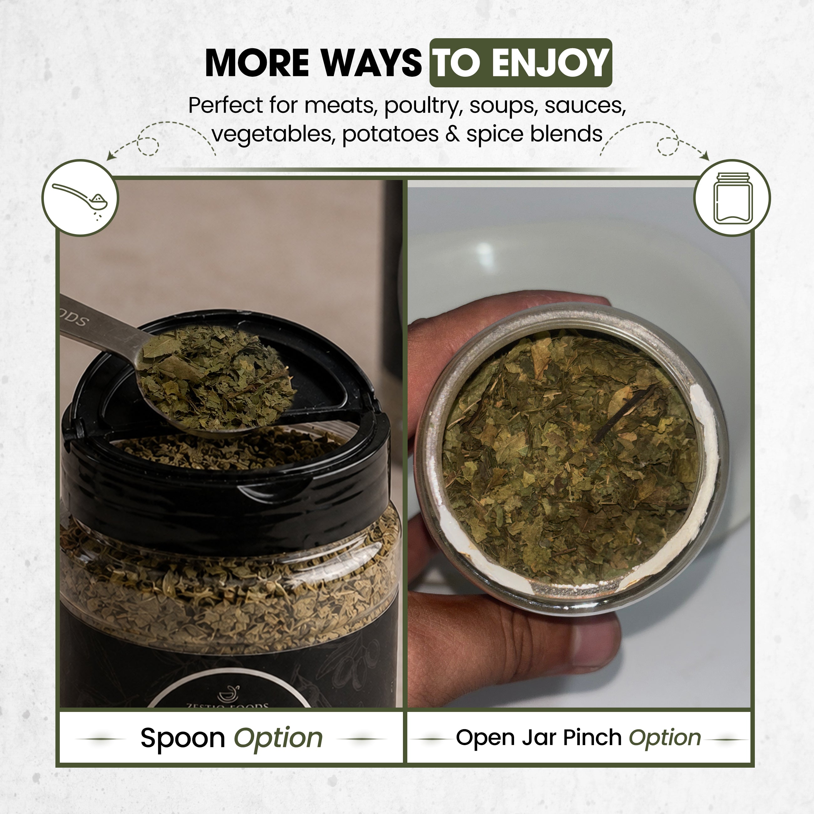Zestiq Foods Organic Thyme Dried Leaves showing convenient serving and seasoning options