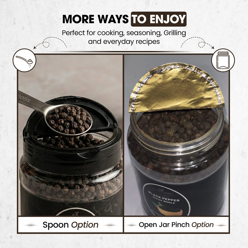Zestiq Foods Organic Black Peppercorn Whole Seeds showing convenient use for grinders, soups, sauces, marinades, meats and everyday seasoning