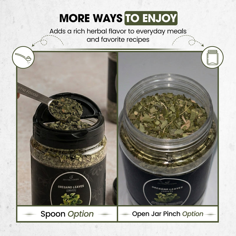 Zestiq Foods Organic Dried Oregano Leaves showing convenient serving and seasoning options