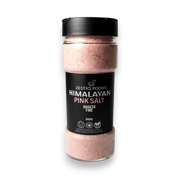 Zestiq Foods Himalayan Pink Salt Fine Grain Shaker 17.6 oz jar with fine pink salt and black shaker lid on white background