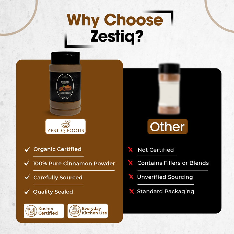 Zestiq Foods Certified Organic Cinnamon Powder highlighting organic certification, careful sourcing, purity and quality