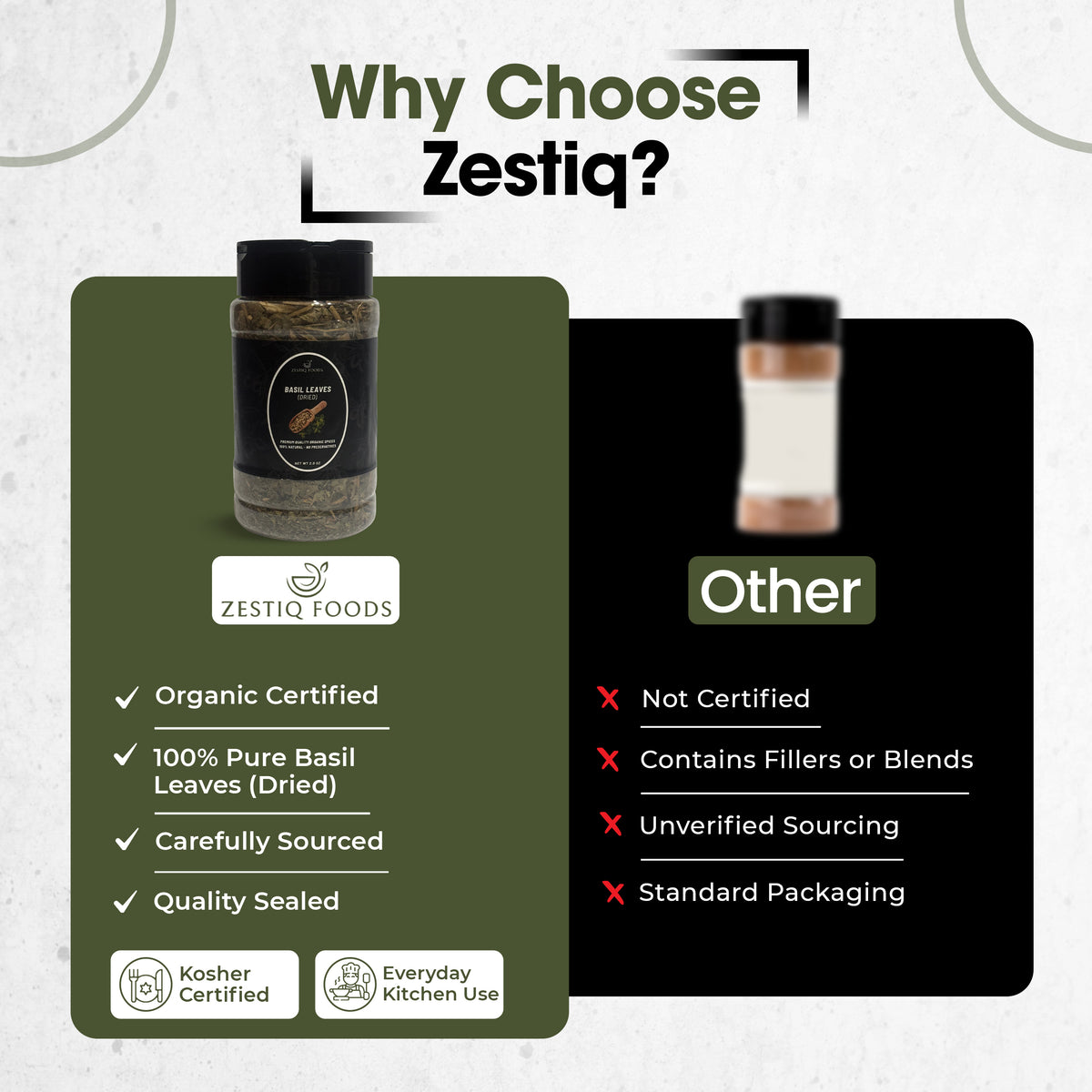 Zestiq Foods Organic Dried Basil Leaves highlighting organic certification, careful sourcing, purity and quality