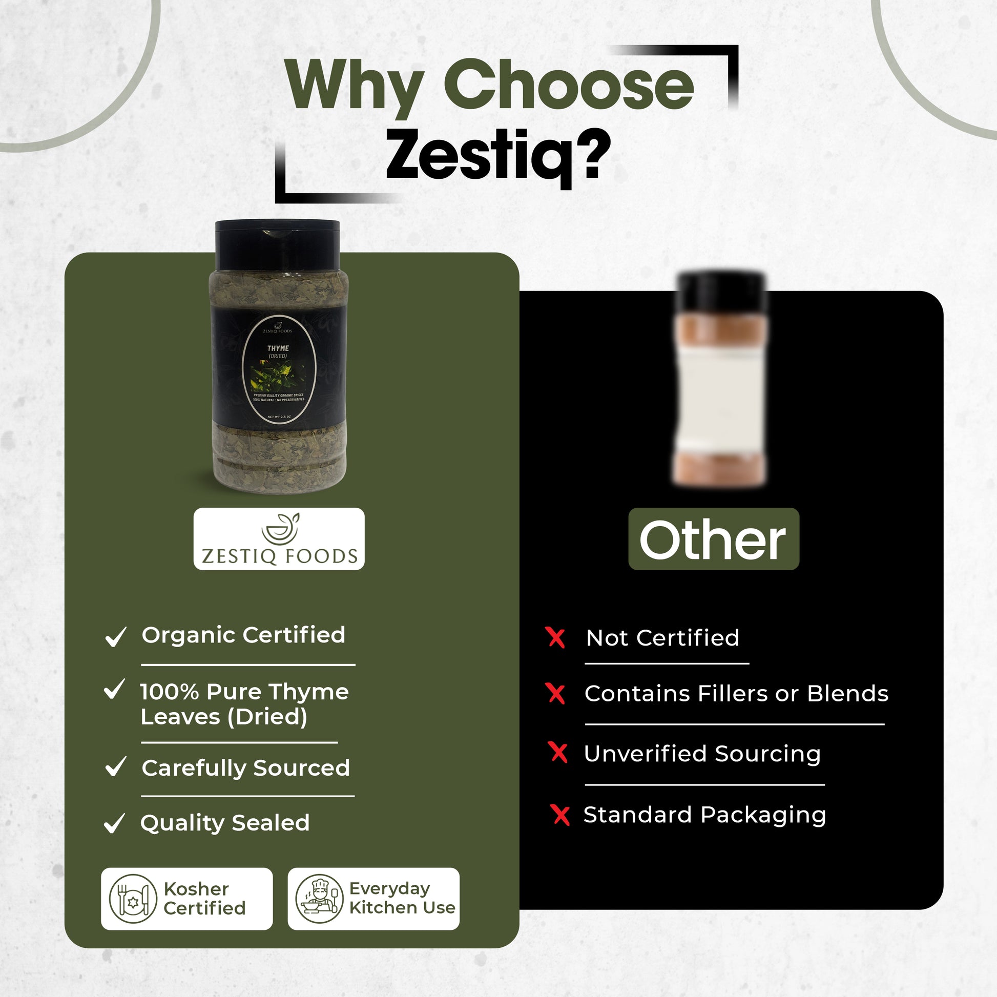 Zestiq Foods Organic Thyme Dried Leaves highlighting organic certification, careful sourcing, purity and quality
