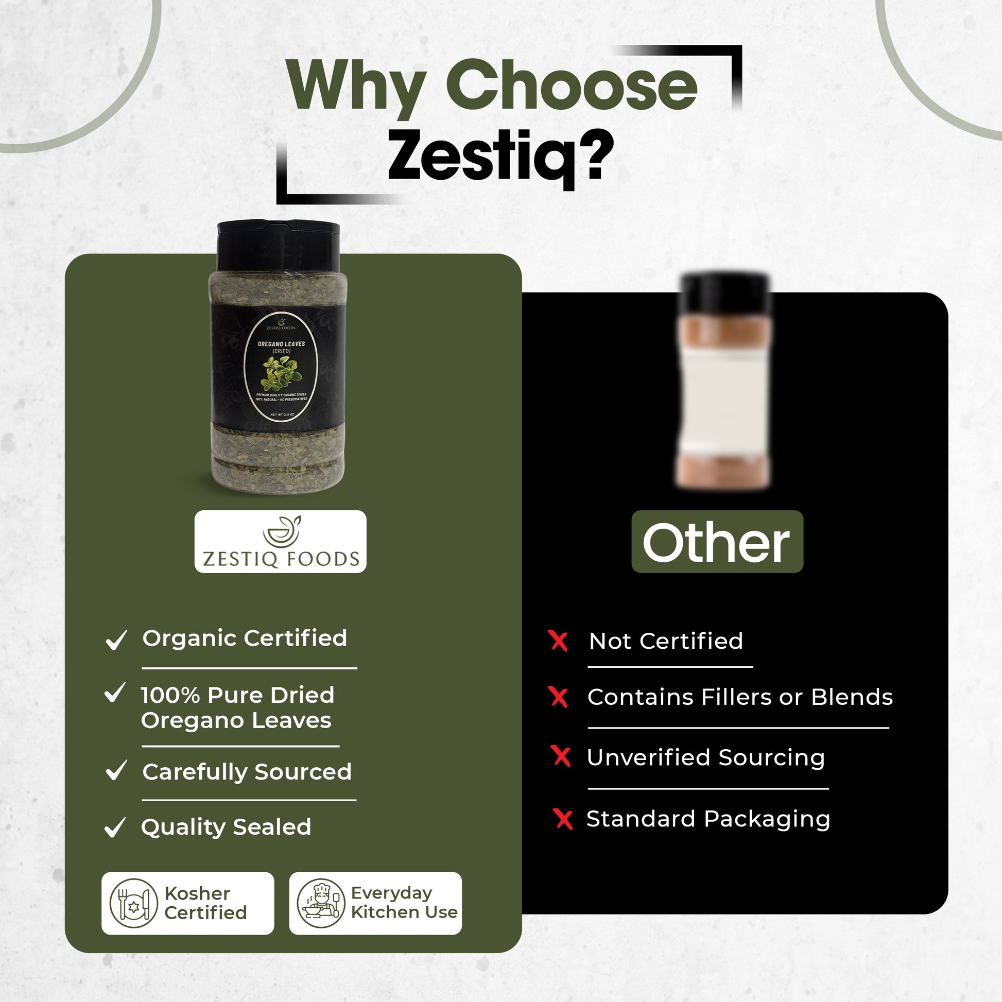 Zestiq Foods Organic Dried Oregano Leaves highlighting organic certification, careful sourcing, purity and quality