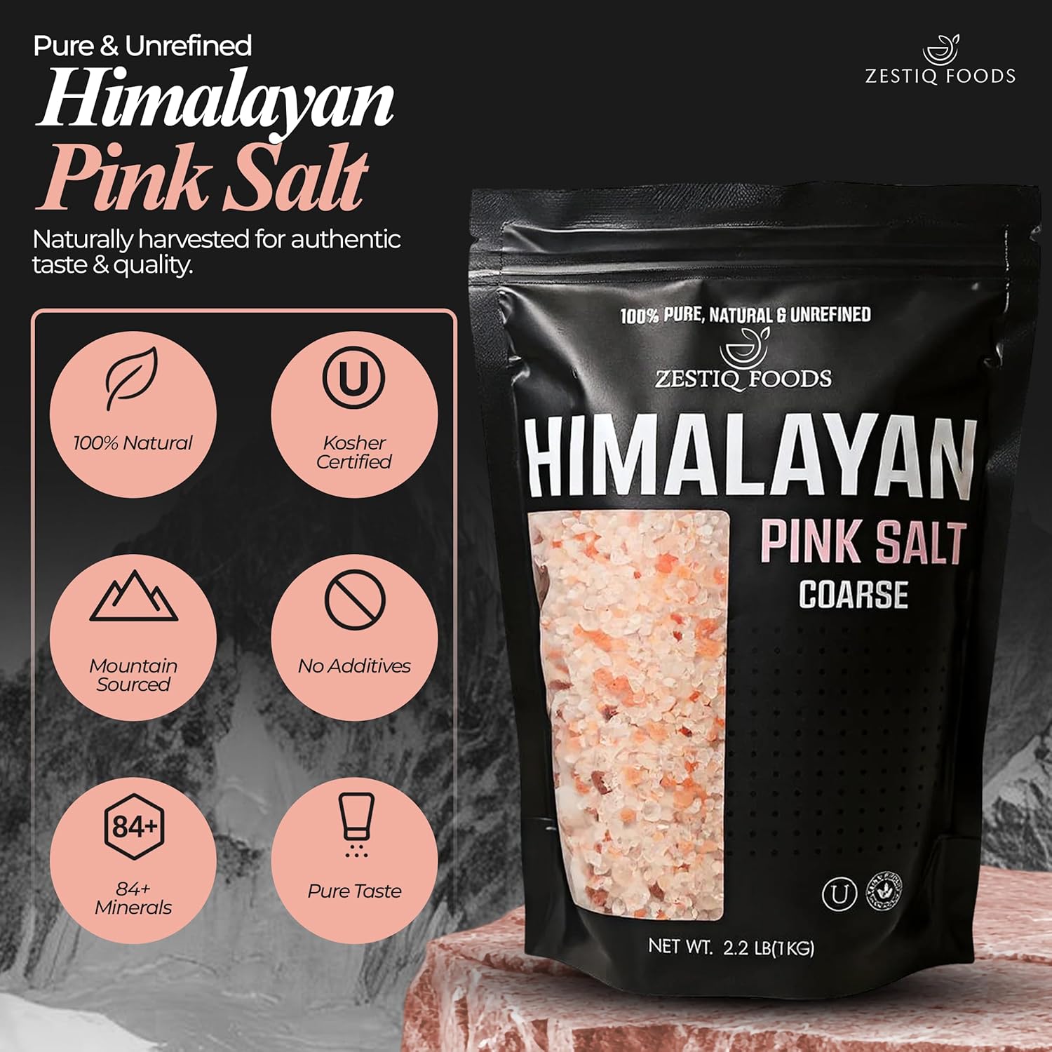 ZF HIMALAYAN PINK ROCK SALT, COARSE GRAIN POUCH 2.2 lb
