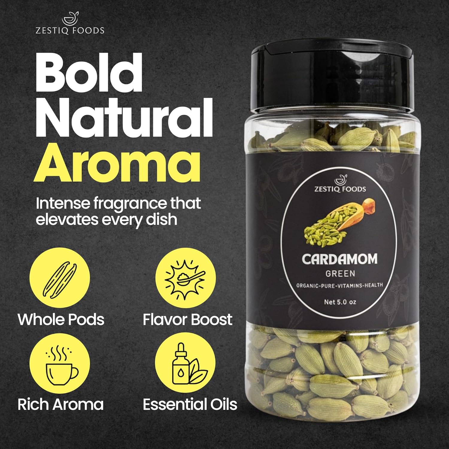 ZF Organic Cardamom Green Pods (Elaichi) - 5 oz