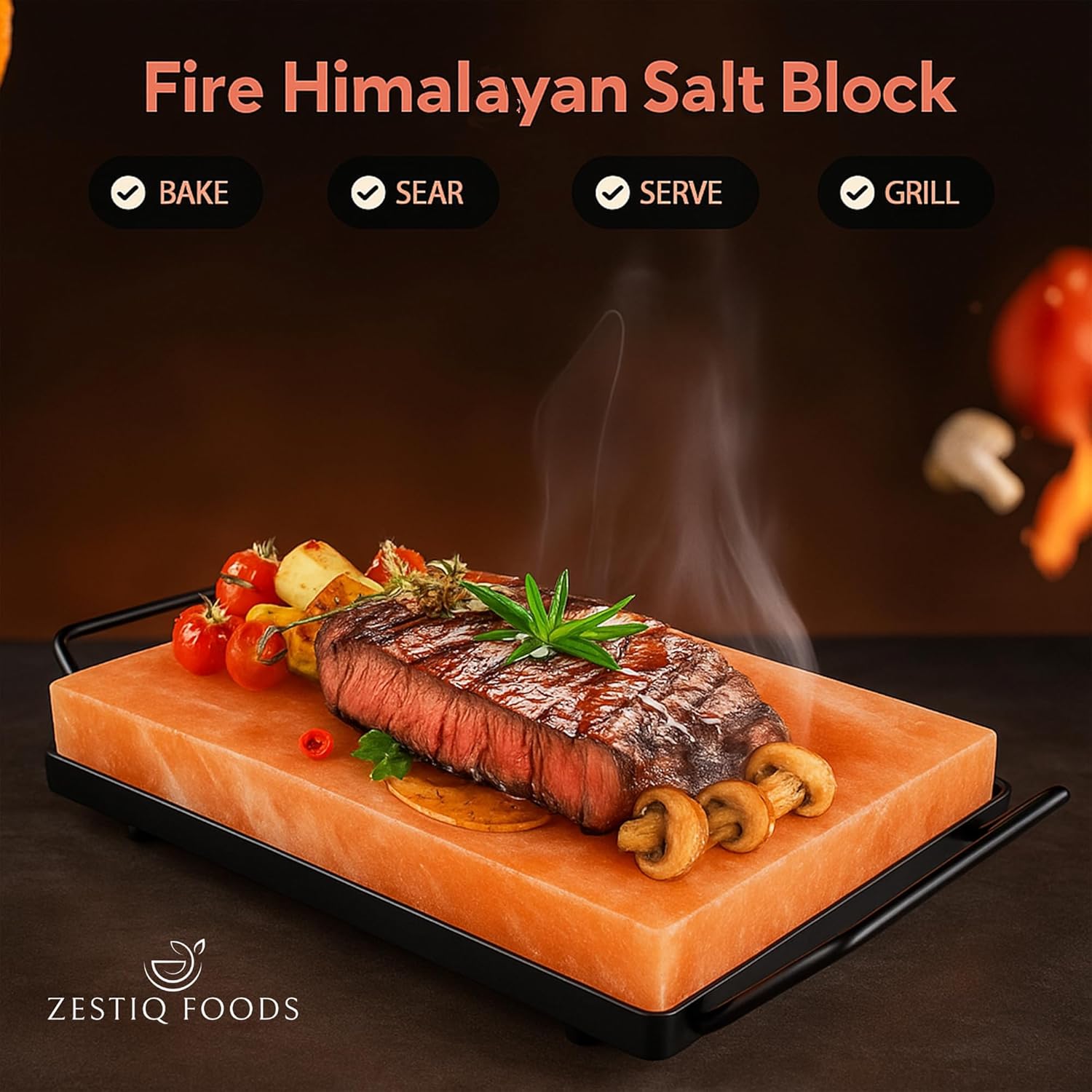 ZF HIMALAYAN PINK ROCK SALT COOKING BLOCK WITH MATEL TRAY 8x8x1.5"
