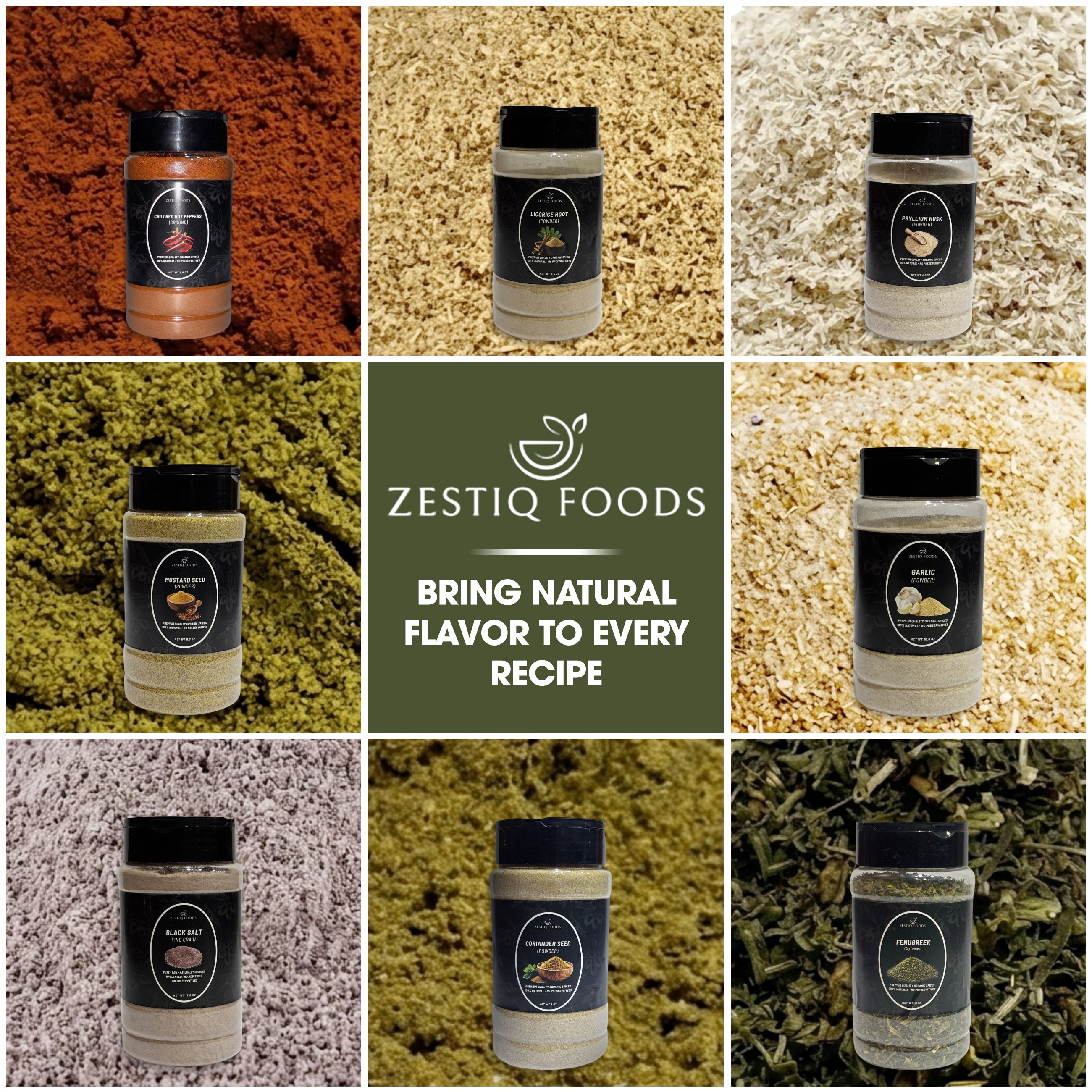 Zestiq Foods spice collection featuring assorted premium seasonings and herbs in jars with natural ingredient backgrounds