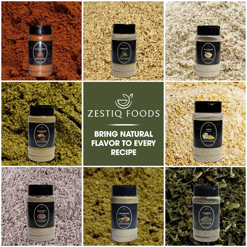 Zestiq Foods spice collection featuring assorted premium seasonings and herbs in jars with natural ingredient backgrounds