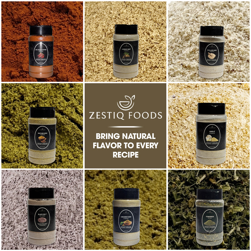 Zestiq Foods spice collection featuring assorted premium seasonings and herbs in jars with natural ingredient backgrounds