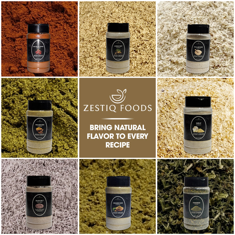 Zestiq Foods premium organic spice and seasoning collection featuring assorted herbs, seeds, powders and whole spices in convenient jars