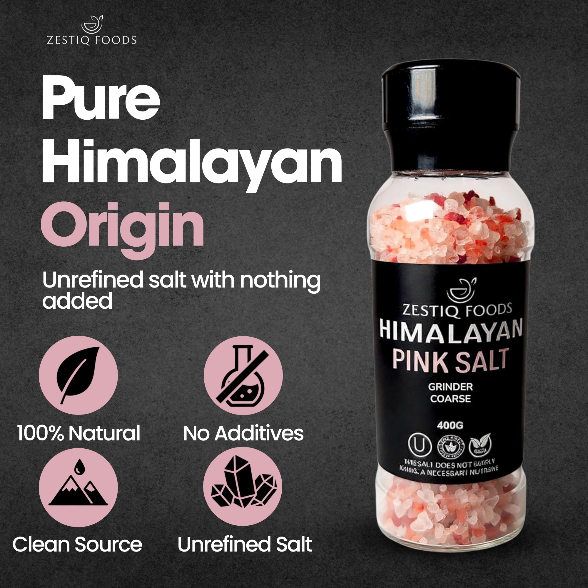 ZF HIMALAYAN PINK ROCK SALT, COARSE GRAIN (GRINDER) 14.11 oz