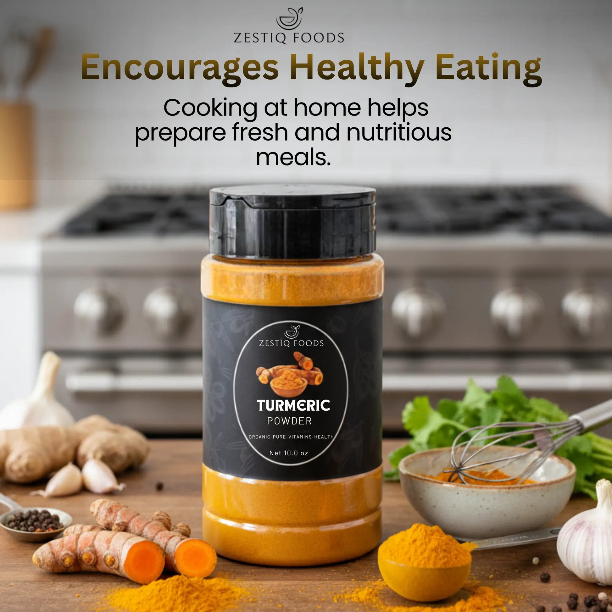 Organic turmeric powder in a bowl with fresh turmeric roots
