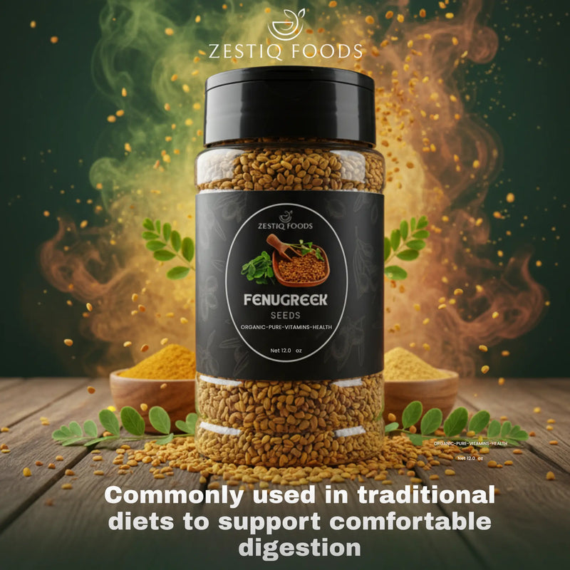 Zestiq Foods Fenugreek Seeds Organic pack. find fenugreek seeds for sale and learn the advantages of fenugreek seeds for hair