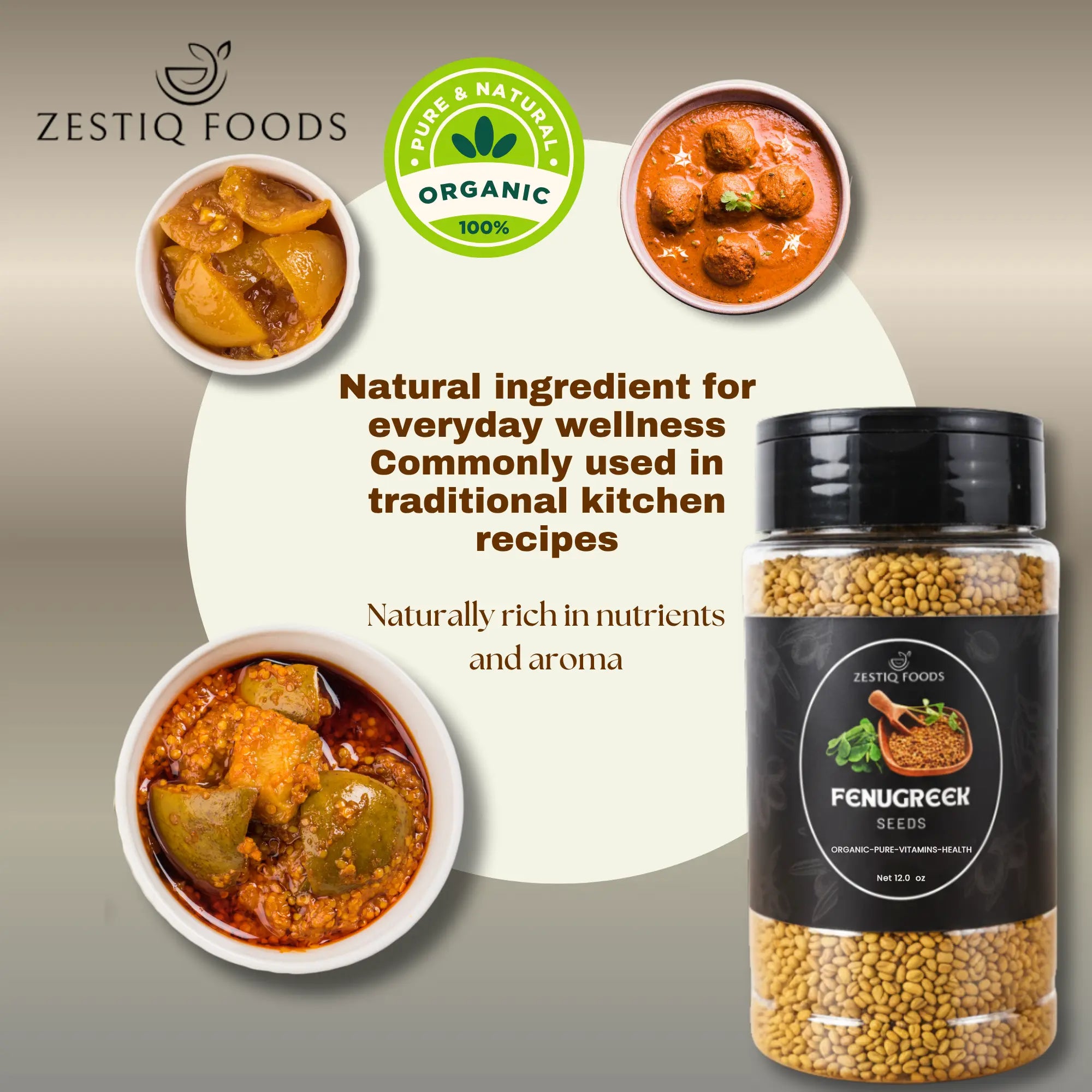 Zestiq Foods Fenugreek Seeds Organic pack. find fenugreek seeds for sale and learn the advantages of fenugreek seeds for hair