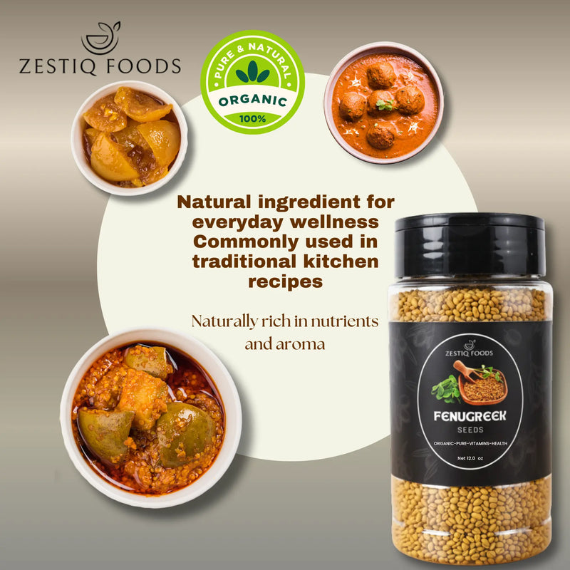 Zestiq Foods Fenugreek Seeds Organic pack. find fenugreek seeds for sale and learn the advantages of fenugreek seeds for hair