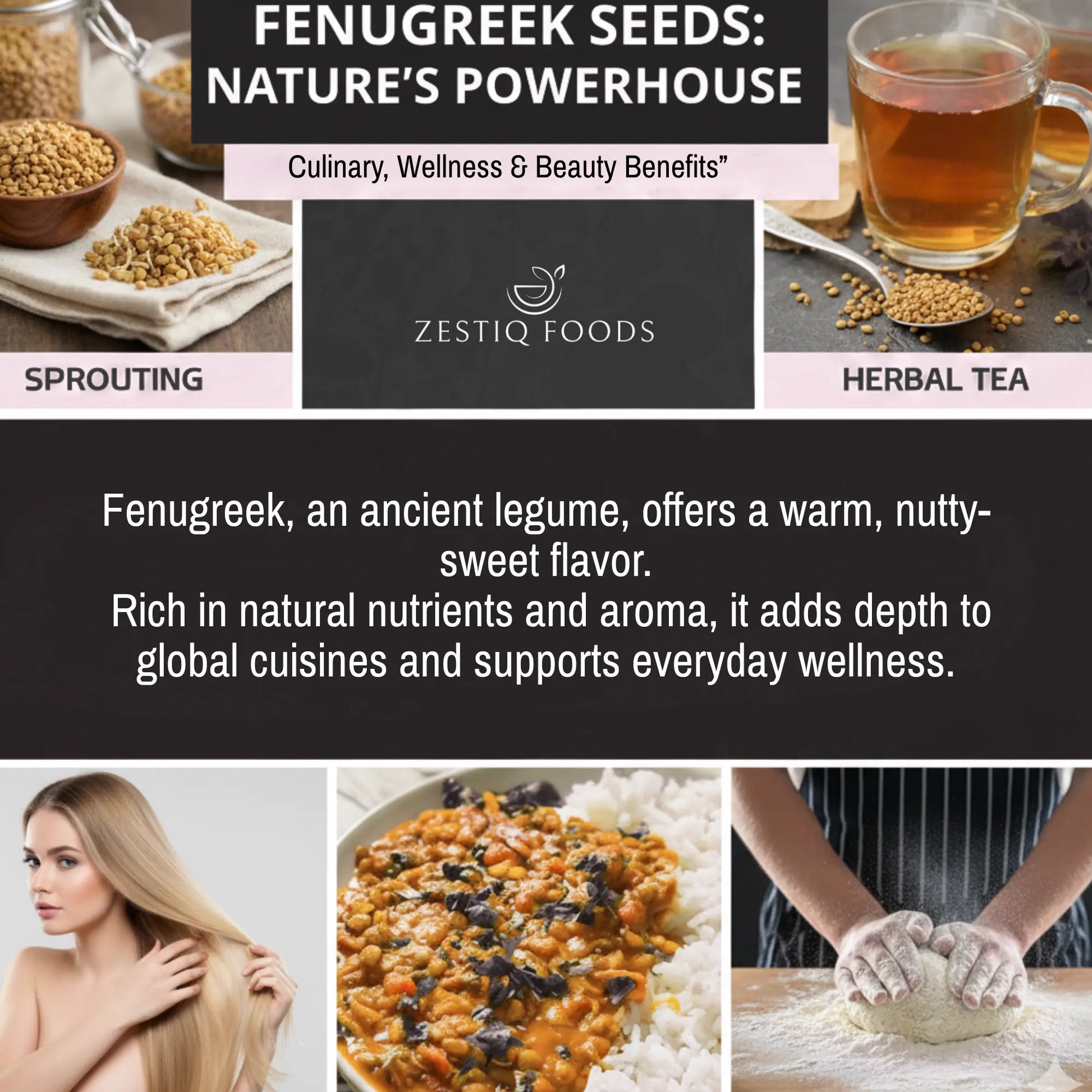 Zestiq Foods Fenugreek Seeds Organic pack. find fenugreek seeds for sale and learn the advantages of fenugreek seeds for hair