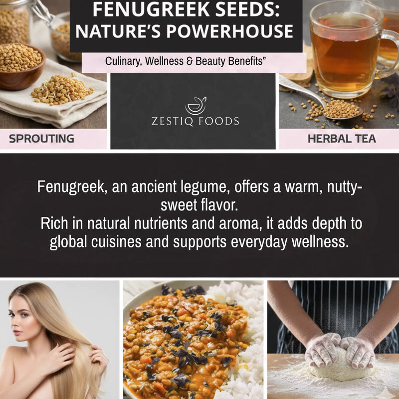 Zestiq Foods Fenugreek Seeds Organic pack. find fenugreek seeds for sale and learn the advantages of fenugreek seeds for hair